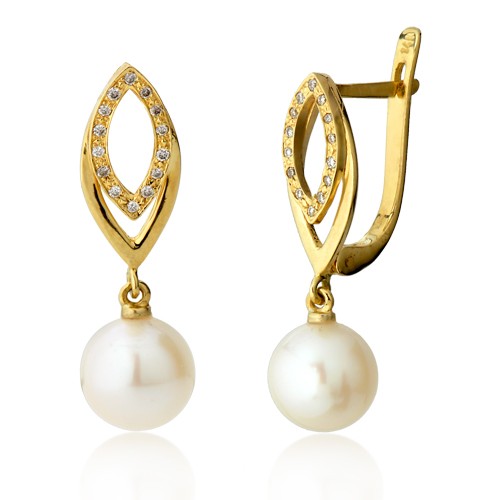 זוג עגילי זהב ופנינה משובצים מעוין