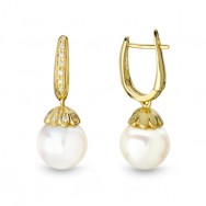 עגילי פנינה ויהלומים תלויים בעיצוב פרחוני 